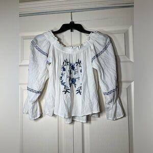 American Eagle Outfitters Boho Crop Off The Shoulder Ivory Embroidered Blouse
